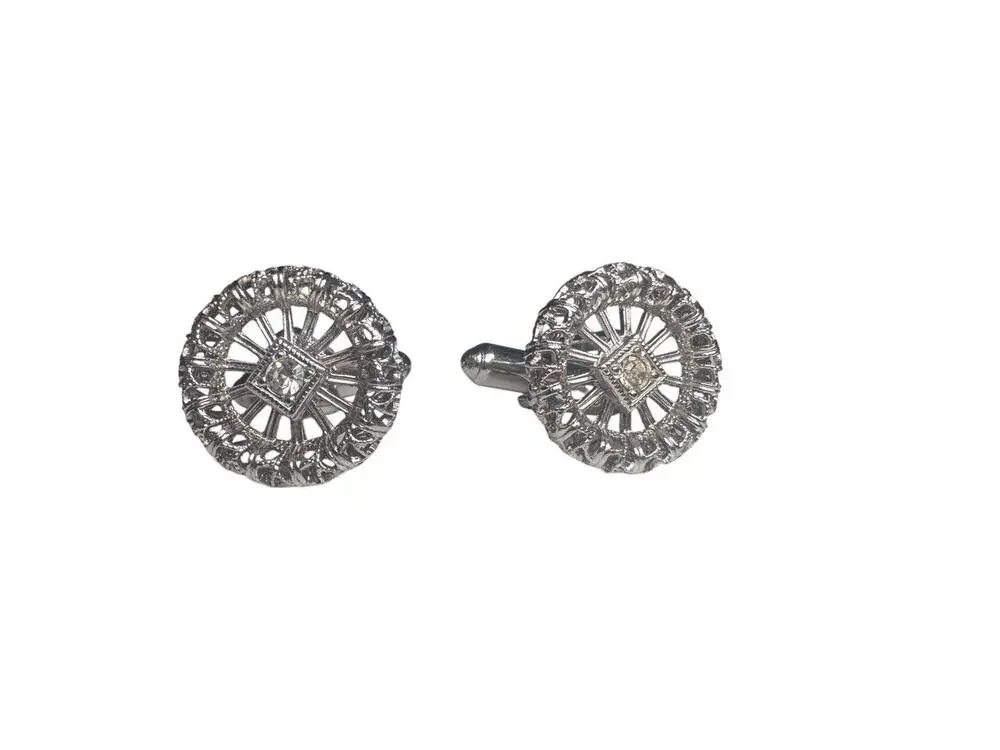 Vintage Silver-Tone Rhinestone Cufflinks – Round Filigree Design